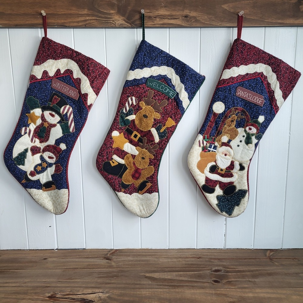 3 Vintage Quilted American Folk Art‎ Christmas Stockings Santa Snowman Reindeer